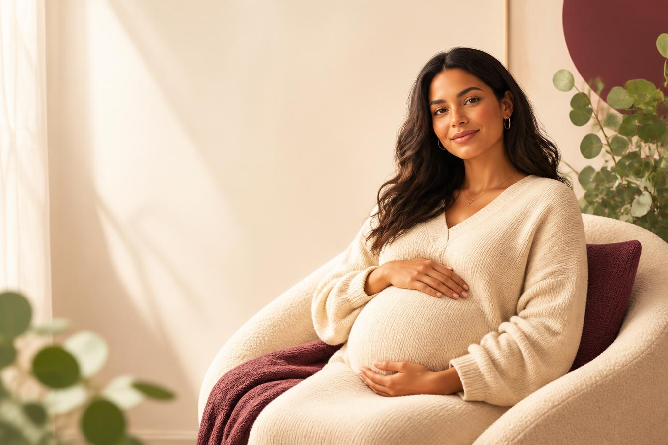 A calm, confident pregnant person resting a hand on their belly in a warm, sunlit room